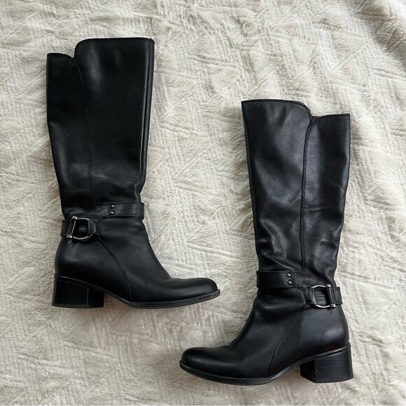Naturalizer Dane Black Leather Tall Heeled Riding Boots - Picture 1 of 7